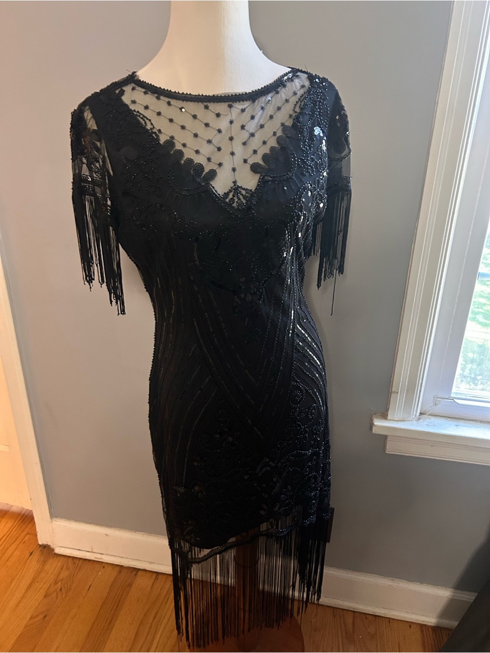Unique Vintage Black Beaded Fringe Flapper dress